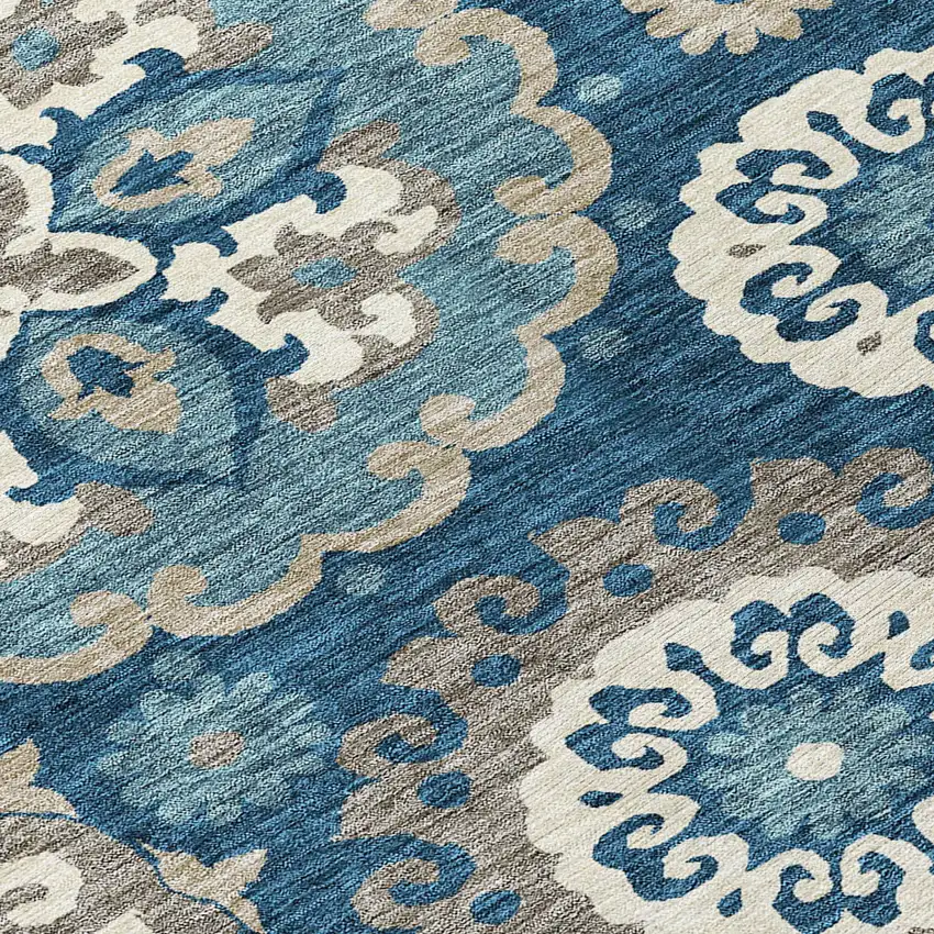 Navy Blue And Taupe Floral Medallion Washable Indoor Outdoor Area Rug Photo 6