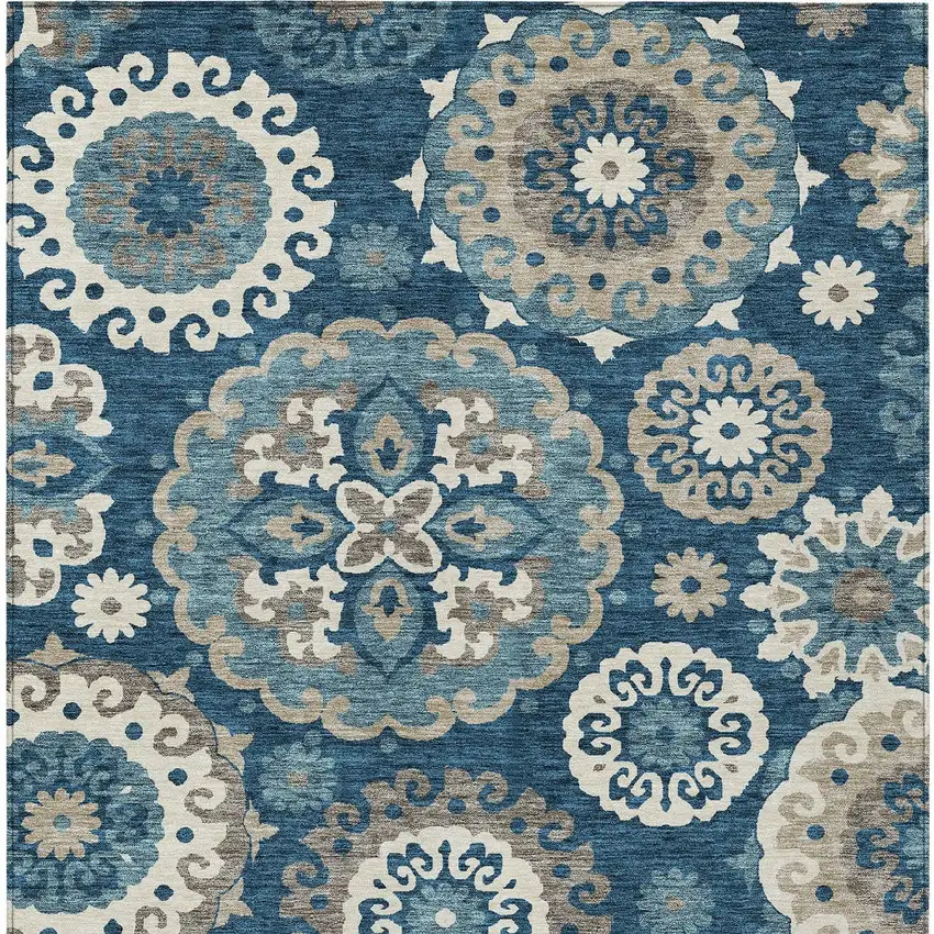 Navy Blue And Taupe Floral Medallion Washable Indoor Outdoor Area Rug Photo 7
