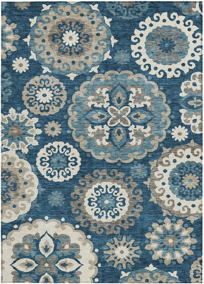 Navy Blue And Taupe Floral Medallion Washable Indoor Outdoor Area Rug Photo 8