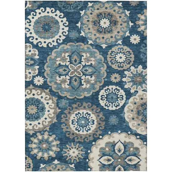 Navy Blue And Taupe Floral Medallion Washable Indoor Outdoor Area Rug Photo 3