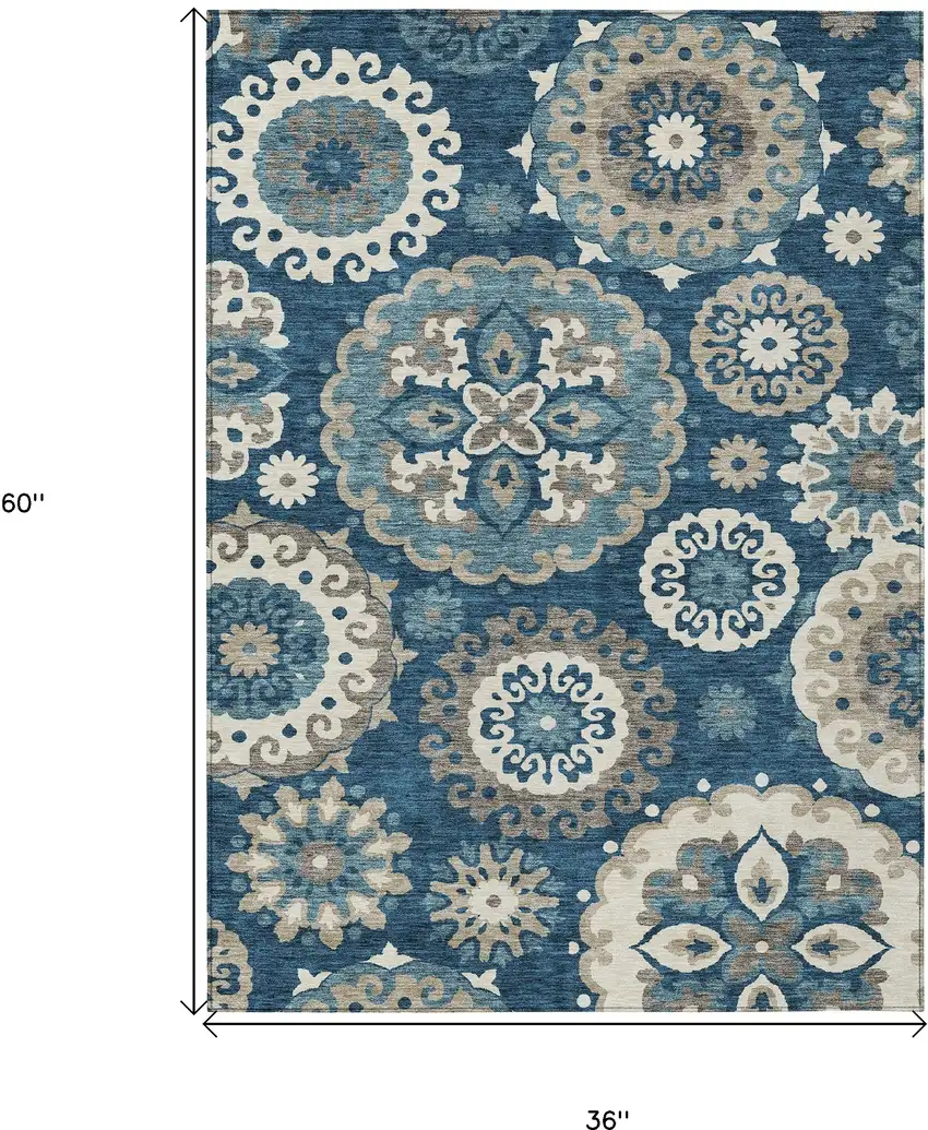 Navy Blue And Taupe Floral Medallion Washable Indoor Outdoor Area Rug Photo 2