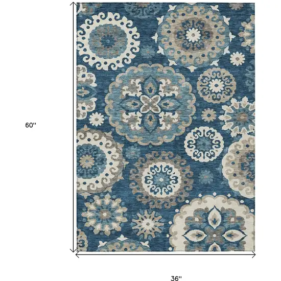 Navy Blue And Taupe Floral Medallion Washable Indoor Outdoor Area Rug Photo 2