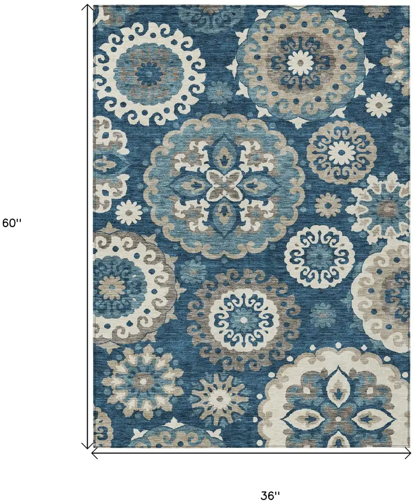 Navy Blue And Taupe Floral Medallion Washable Indoor Outdoor Area Rug Photo 2