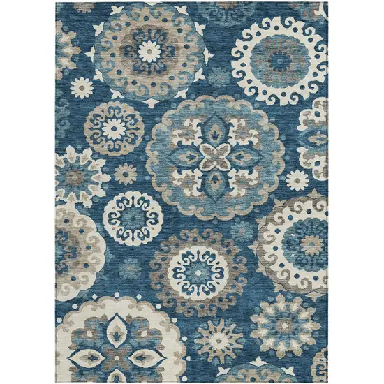 Navy Blue And Taupe Floral Medallion Washable Indoor Outdoor Area Rug Photo 6