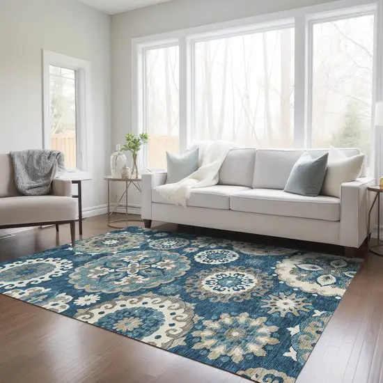Navy Blue And Taupe Floral Medallion Washable Indoor Outdoor Area Rug Photo 9