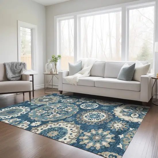 Navy Blue And Taupe Floral Medallion Washable Indoor Outdoor Area Rug Photo 9