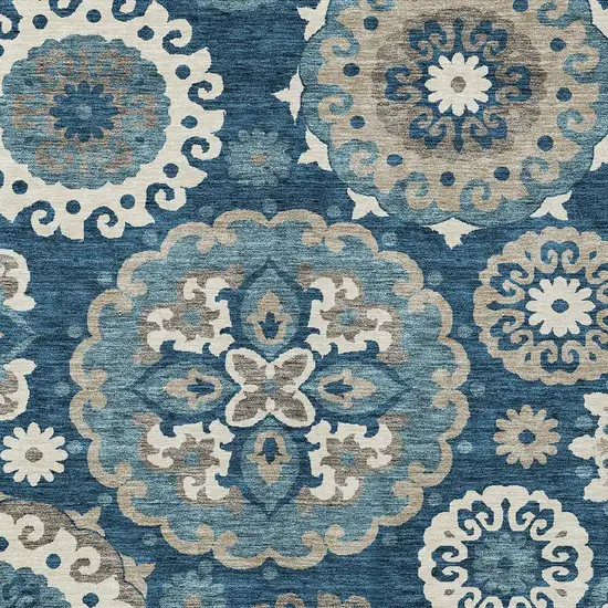 Navy Blue And Taupe Floral Medallion Washable Indoor Outdoor Area Rug Photo 4