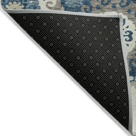 Navy Blue And Taupe Floral Medallion Washable Indoor Outdoor Area Rug Photo 2