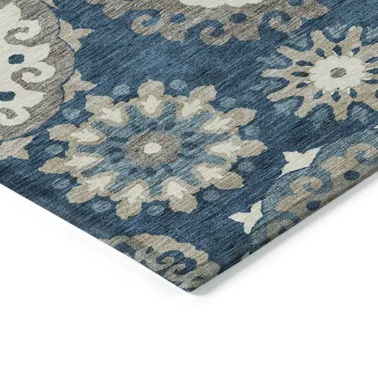 Navy Blue And Taupe Floral Medallion Washable Indoor Outdoor Area Rug Photo 3