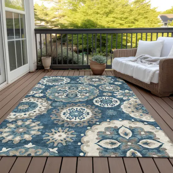 Navy Blue And Taupe Floral Medallion Washable Indoor Outdoor Area Rug Photo 7