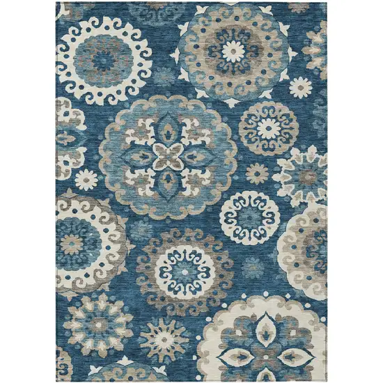 Navy Blue And Taupe Floral Medallion Washable Indoor Outdoor Area Rug Photo 1