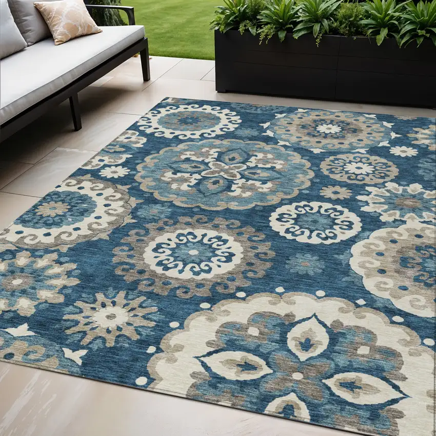 Navy Blue And Taupe Floral Medallion Washable Indoor Outdoor Area Rug Photo 1