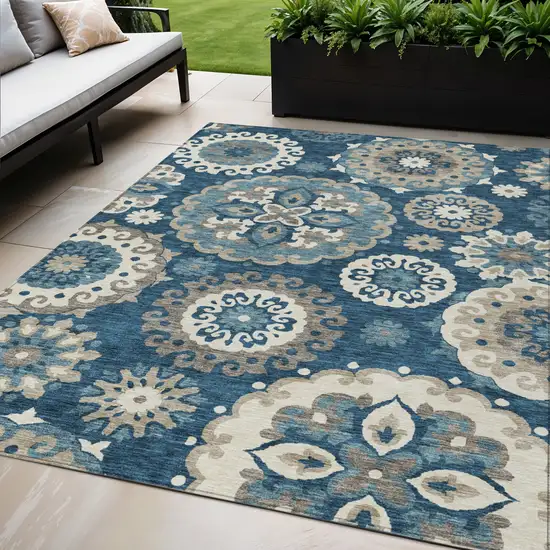 Navy Blue And Taupe Floral Medallion Washable Indoor Outdoor Area Rug Photo 1
