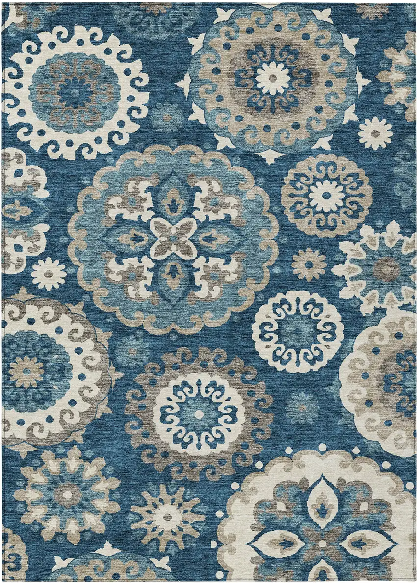 Navy Blue And Taupe Floral Medallion Washable Indoor Outdoor Area Rug Photo 1