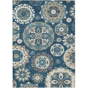 Photo of Navy Blue And Taupe Floral Medallion Washable Indoor Outdoor Area Rug