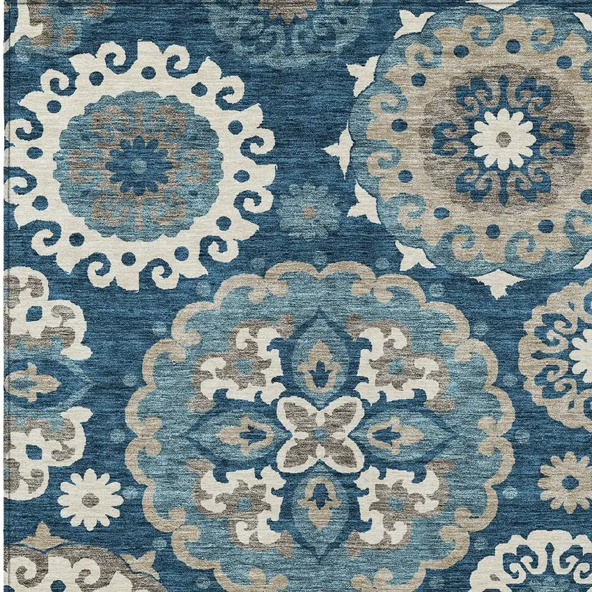 Navy Blue And Taupe Floral Medallion Washable Indoor Outdoor Area Rug Photo 4