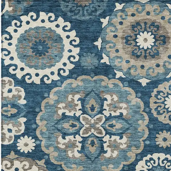Navy Blue And Taupe Floral Medallion Washable Indoor Outdoor Area Rug Photo 4