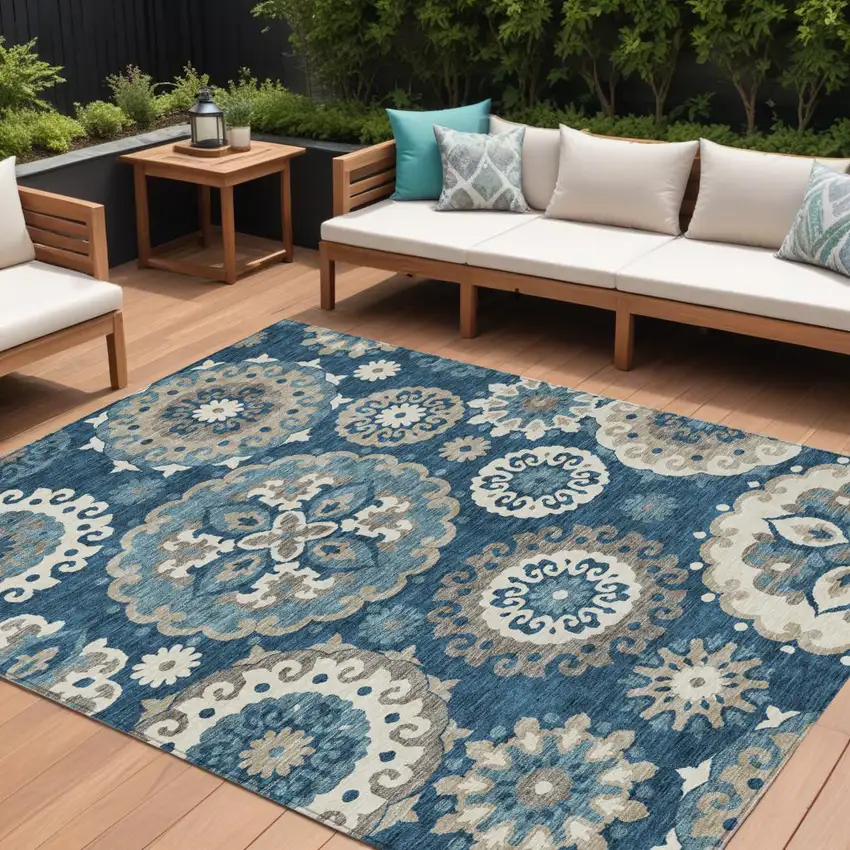 Navy Blue And Taupe Floral Medallion Washable Indoor Outdoor Area Rug Photo 1