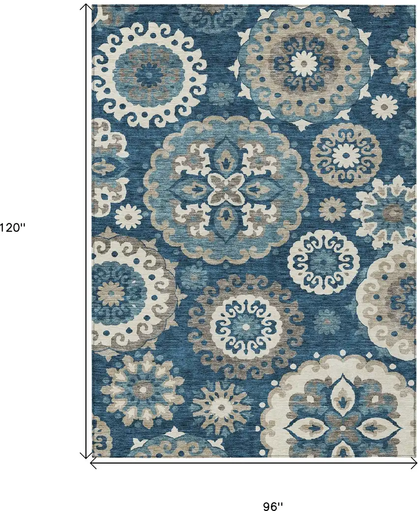Navy Blue And Taupe Floral Medallion Washable Indoor Outdoor Area Rug Photo 3