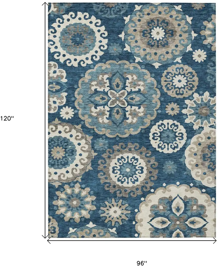 Navy Blue And Taupe Floral Medallion Washable Indoor Outdoor Area Rug Photo 3