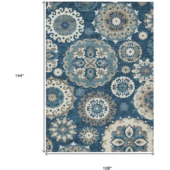 Navy Blue And Taupe Floral Medallion Washable Indoor Outdoor Area Rug Photo 3