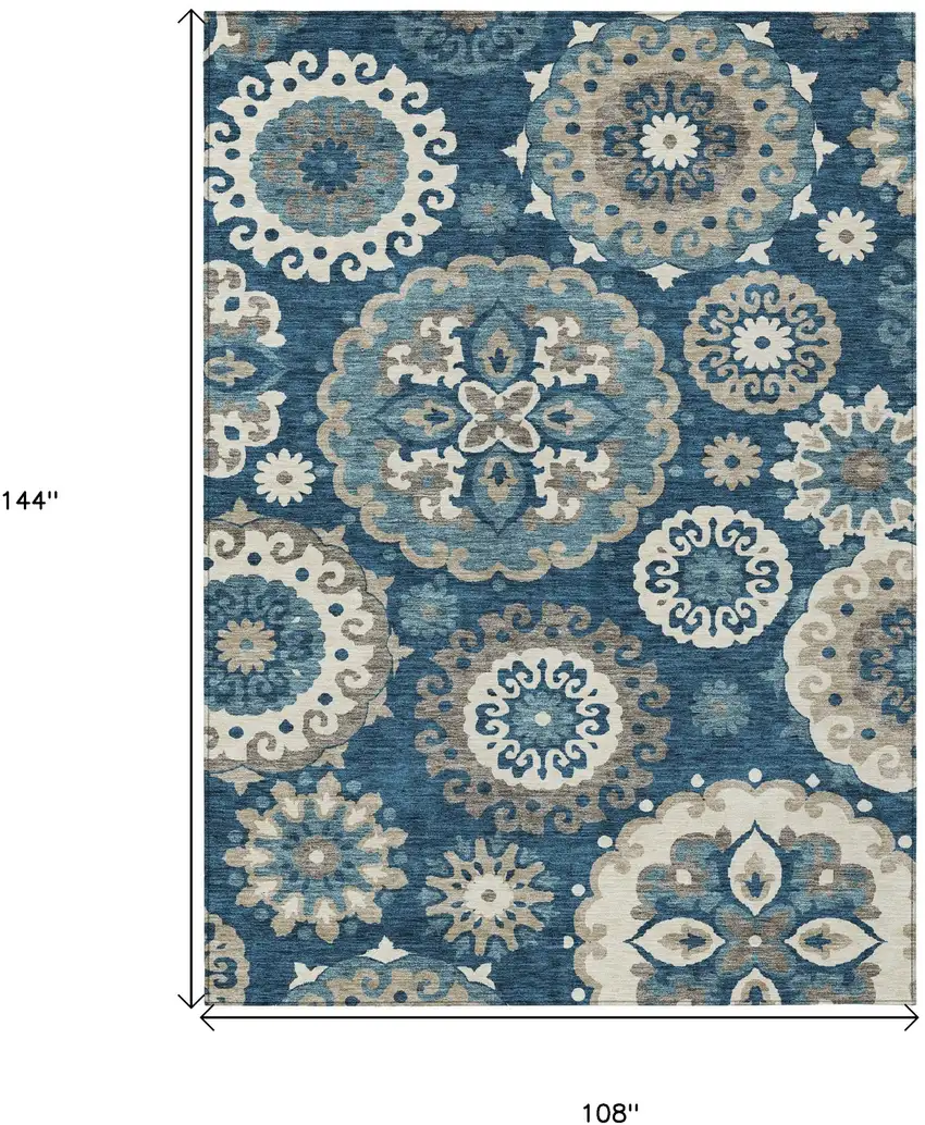 Navy Blue And Taupe Floral Medallion Washable Indoor Outdoor Area Rug Photo 3