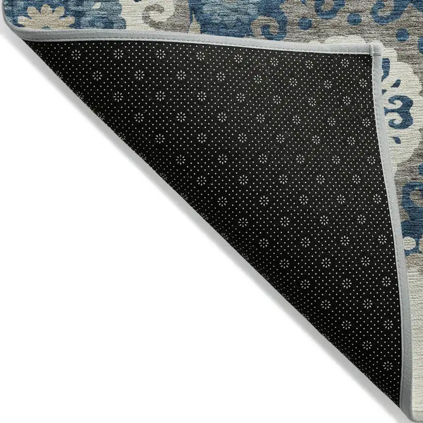 Navy Blue And Taupe Floral Medallion Washable Indoor Outdoor Area Rug Photo 2