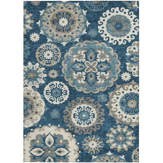 Navy Blue And Taupe Floral Medallion Washable Indoor Outdoor Area Rug Photo 6