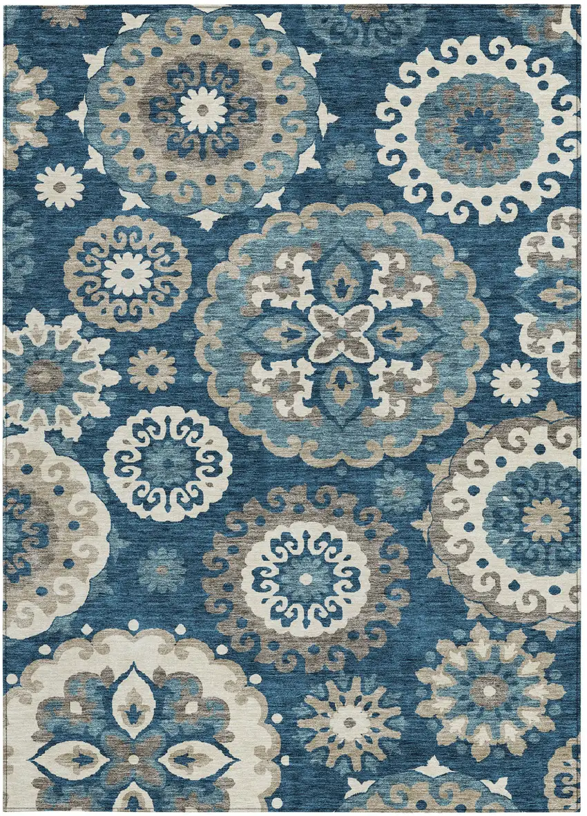 Navy Blue And Taupe Floral Medallion Washable Indoor Outdoor Area Rug Photo 6