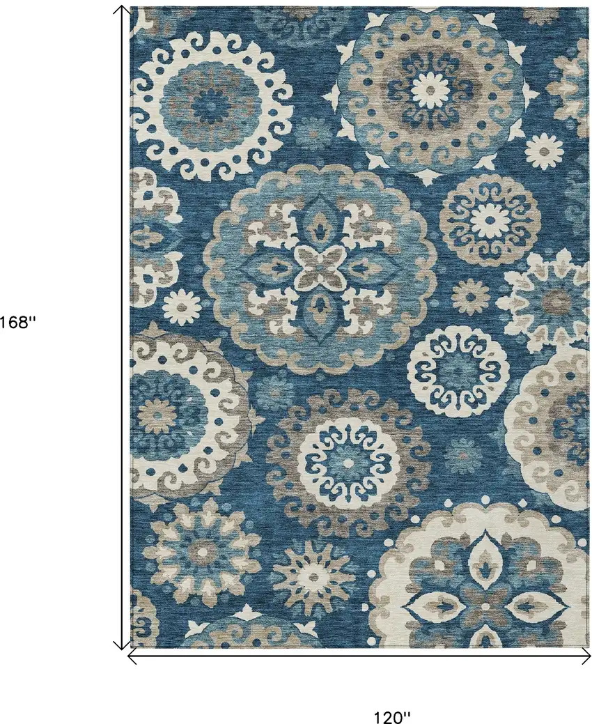 Navy Blue And Taupe Floral Medallion Washable Indoor Outdoor Area Rug Photo 3