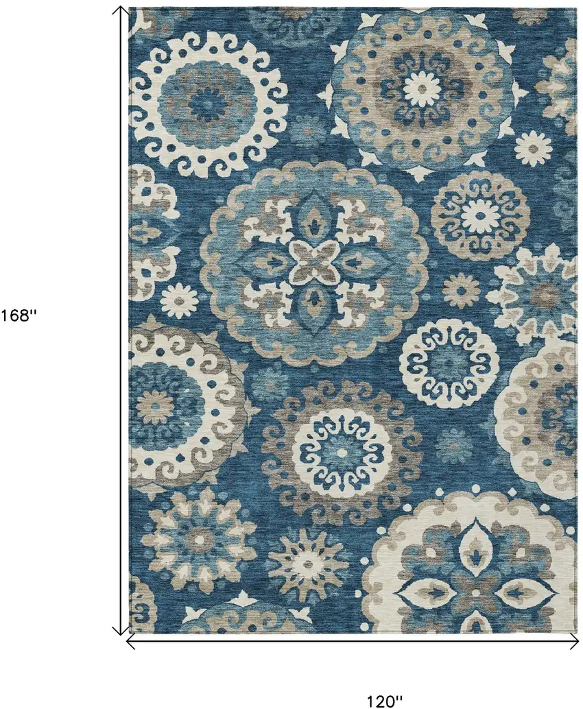 Navy Blue And Taupe Floral Medallion Washable Indoor Outdoor Area Rug Photo 3