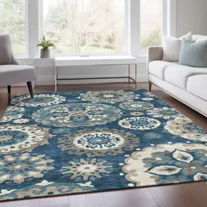 Photo of Navy Blue And Taupe Floral Medallion Washable Indoor Outdoor Area Rug