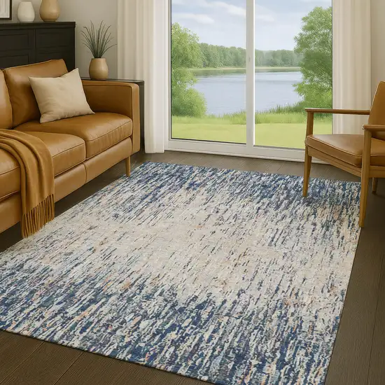 Navy Blue And Taupe Striped Washable Indoor Outdoor Area Rug Photo 5