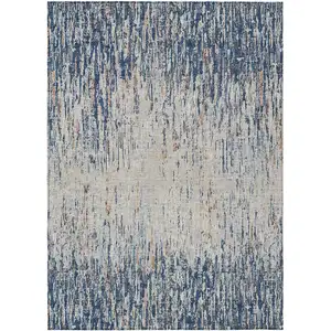 Photo of Navy Blue And Taupe Striped Washable Indoor Outdoor Area Rug