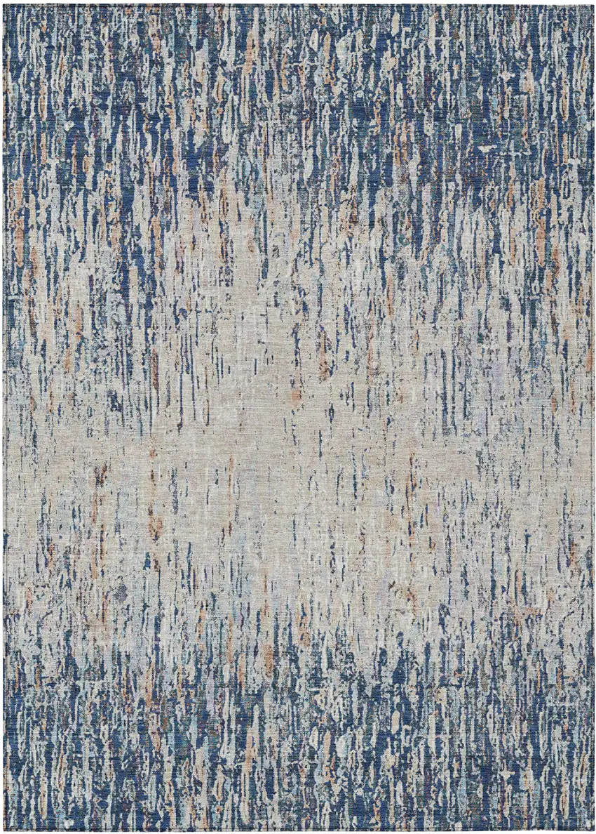 Navy Blue And Taupe Striped Washable Indoor Outdoor Area Rug Photo 1