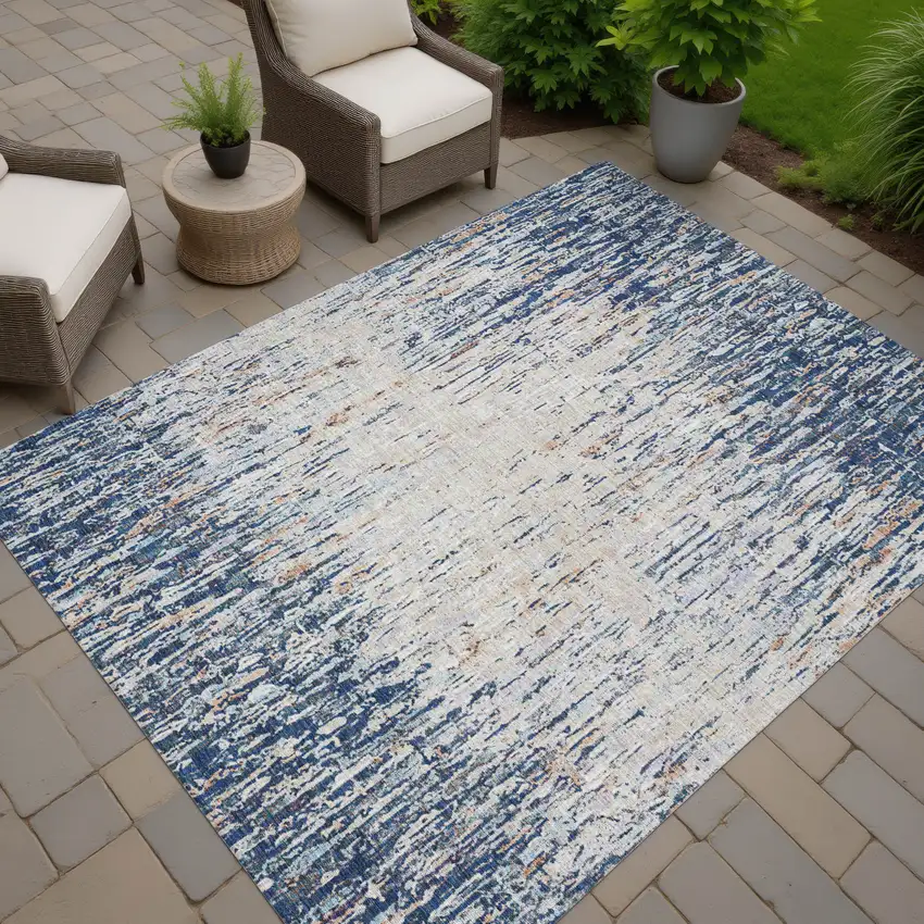 Navy Blue And Taupe Striped Washable Indoor Outdoor Area Rug Photo 7