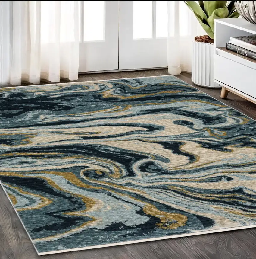 Navy Blue And Teal Abstract Area Rug With Fringe Photo 1