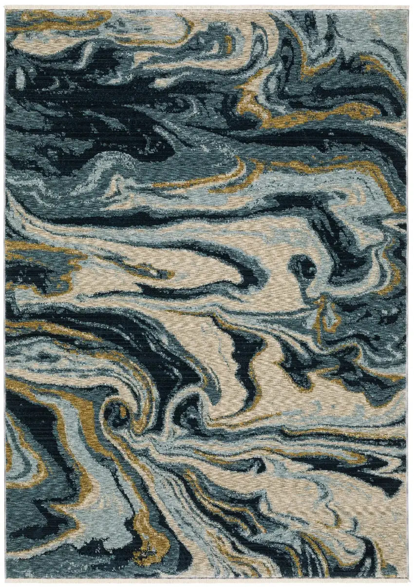 Navy Blue And Teal Abstract Area Rug With Fringe Photo 2