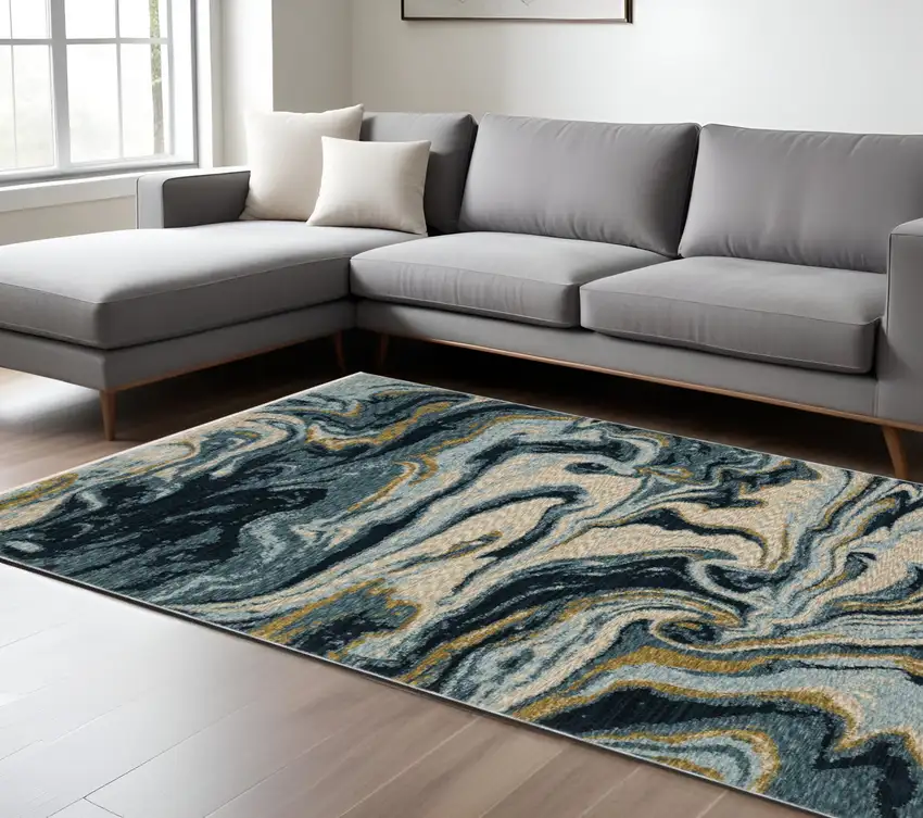 Navy Blue And Teal Abstract Area Rug With Fringe Photo 1