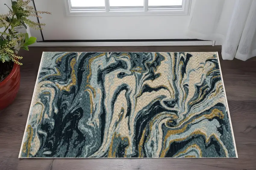 Navy Blue And Teal Abstract Area Rug With Fringe Photo 1