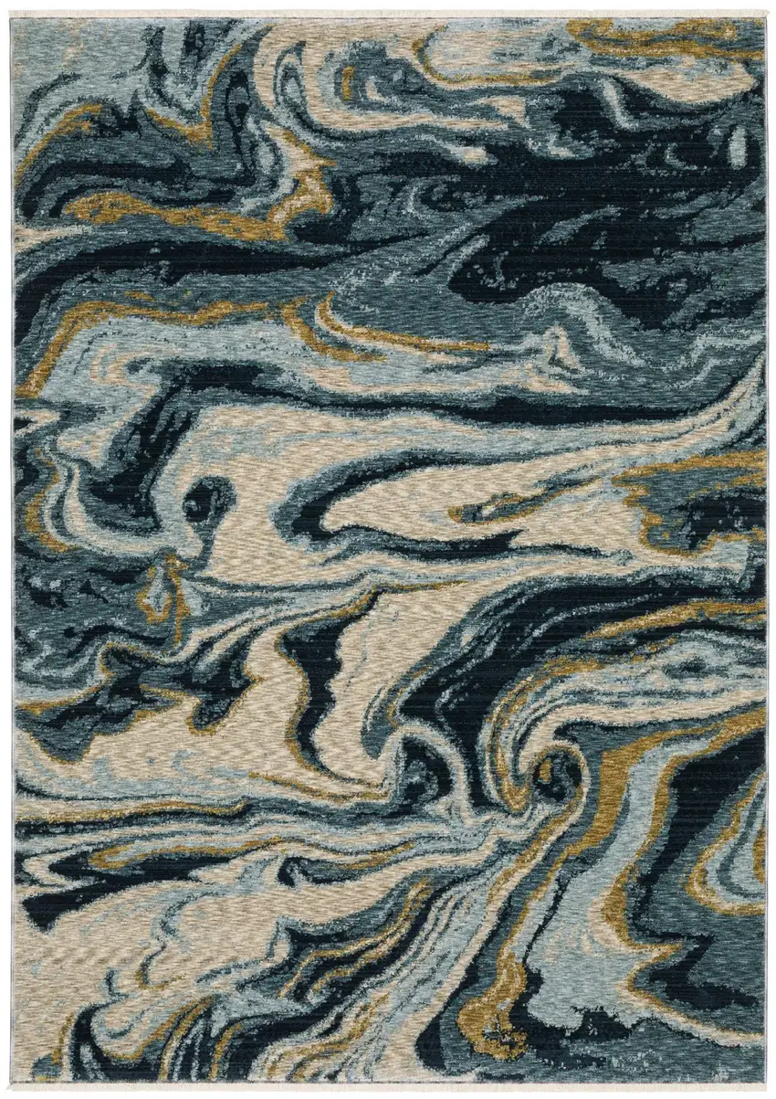 Navy Blue And Teal Abstract Area Rug With Fringe Photo 4