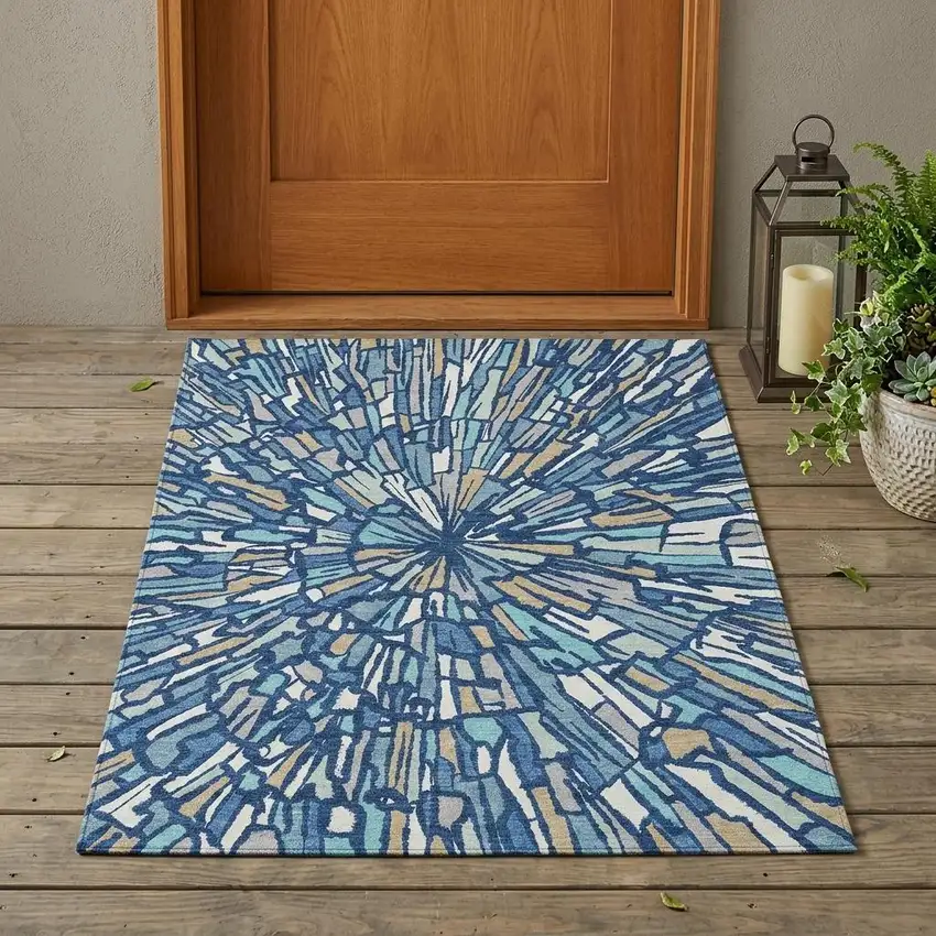 Navy Blue And Teal Blue Abstract Washable Indoor Outdoor Area Rug Photo 1