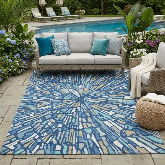 Navy Blue And Teal Blue Abstract Washable Indoor Outdoor Area Rug Photo 1