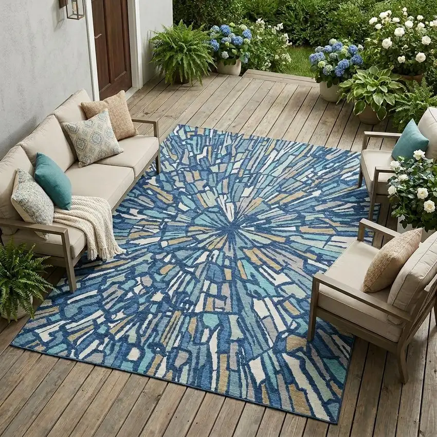 Navy Blue And Teal Blue Abstract Washable Indoor Outdoor Area Rug Photo 1