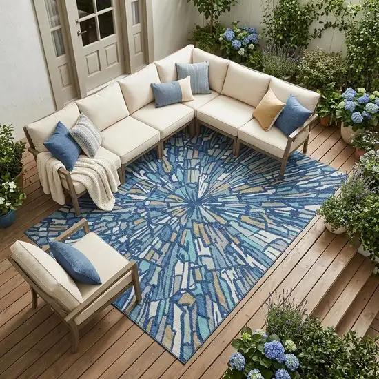 Navy Blue And Teal Blue Abstract Washable Indoor Outdoor Area Rug Photo 1