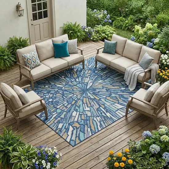 Navy Blue And Teal Blue Abstract Washable Indoor Outdoor Area Rug Photo 1