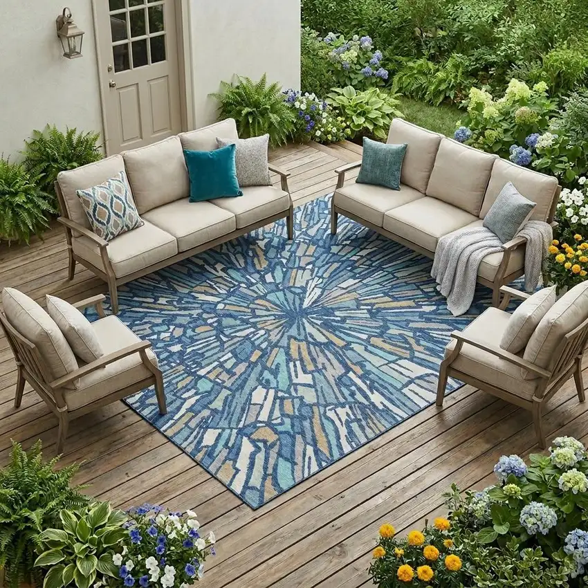 Navy Blue And Teal Blue Abstract Washable Indoor Outdoor Area Rug Photo 1