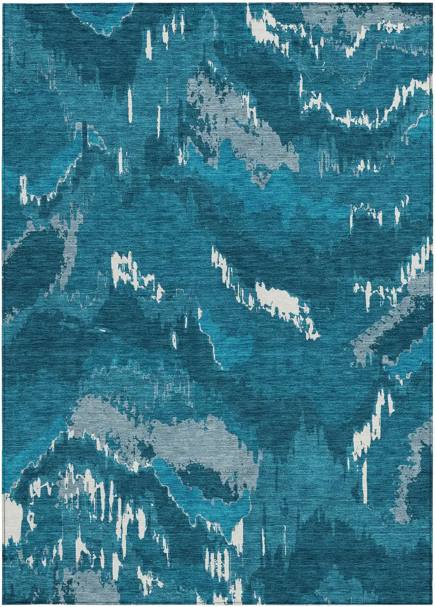 Navy Blue And Teal Blue Abstract Washable Indoor Outdoor Area Rug Photo 7