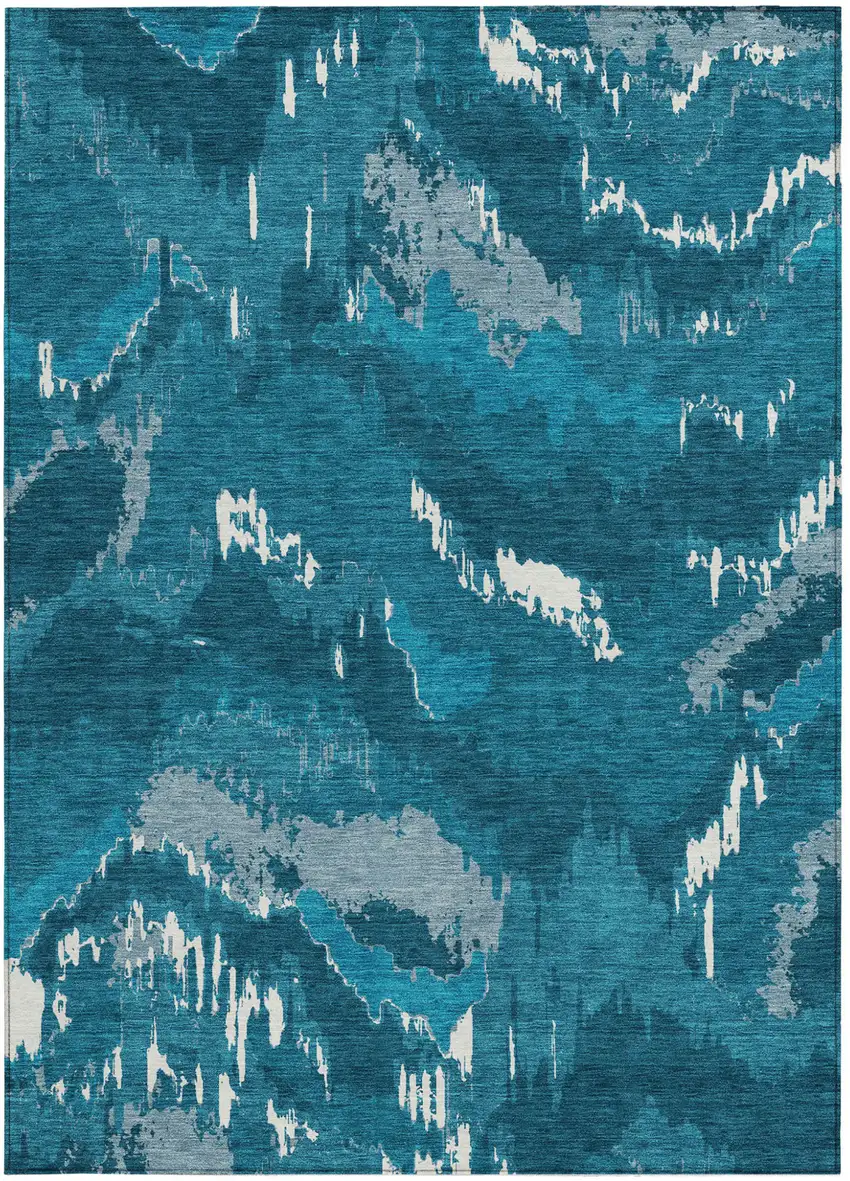 Navy Blue And Teal Blue Abstract Washable Indoor Outdoor Area Rug Photo 7
