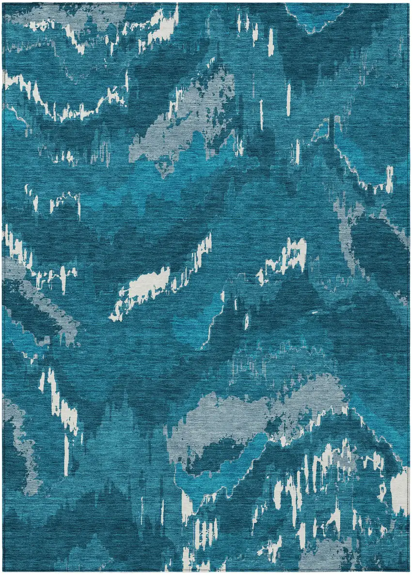 Navy Blue And Teal Blue Abstract Washable Indoor Outdoor Area Rug Photo 2